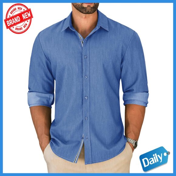 Other - Men's Long Sleeve Button Down Shirt Wrinkle Free Business Casual Denim